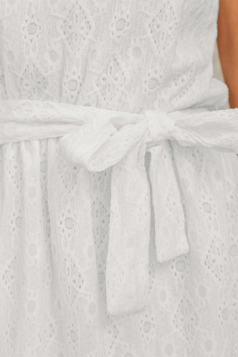White Lace Sleeveless Knot Hollow Out Back Tied Waist Mini Dress - Love Salve
